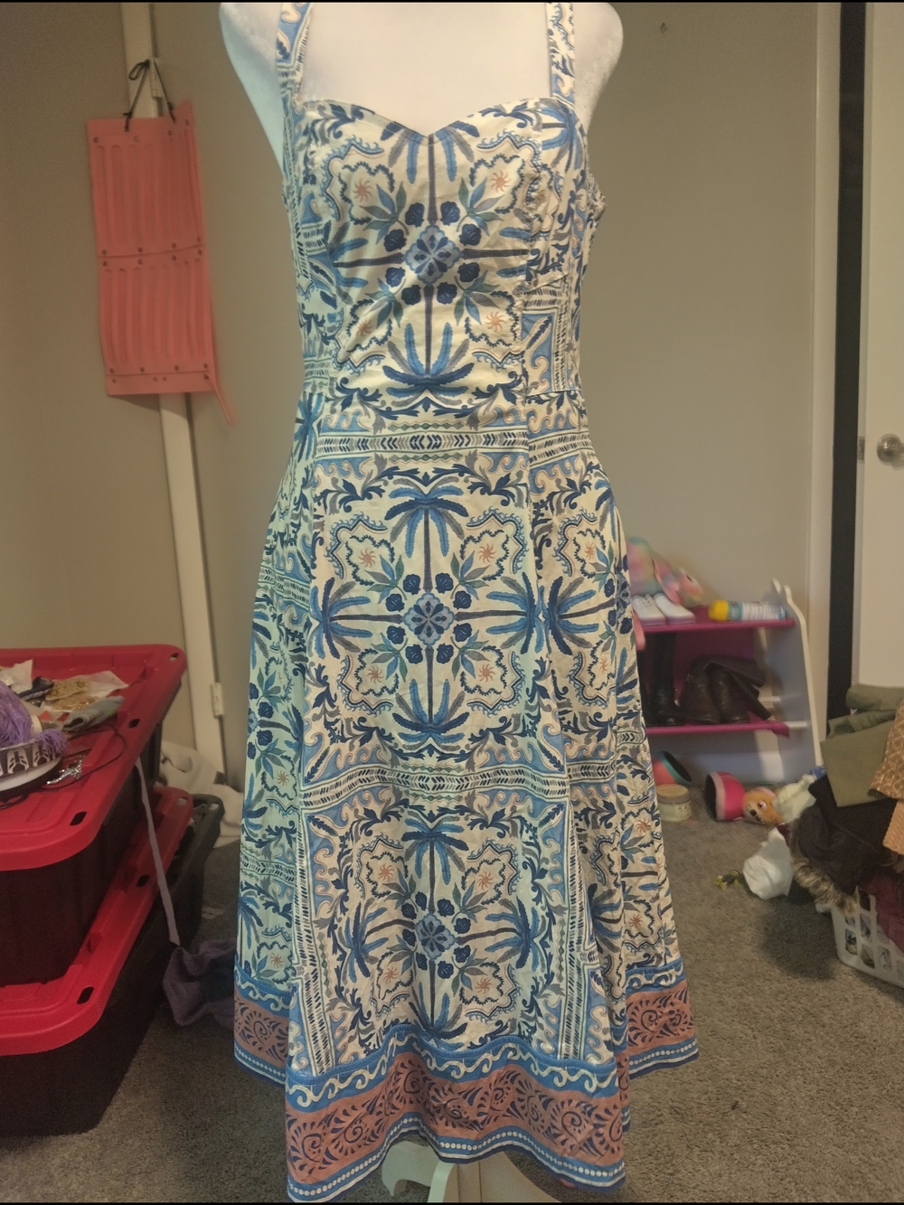 Avec Les Filles Blue, Cream & Rust Tile-Print Midi Dress - Picture 3 of 8